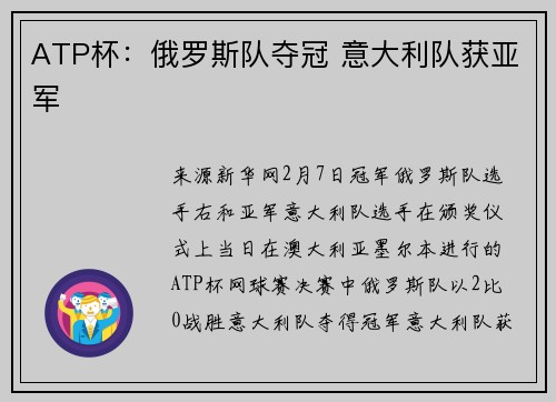 ATP杯：俄罗斯队夺冠 意大利队获亚军